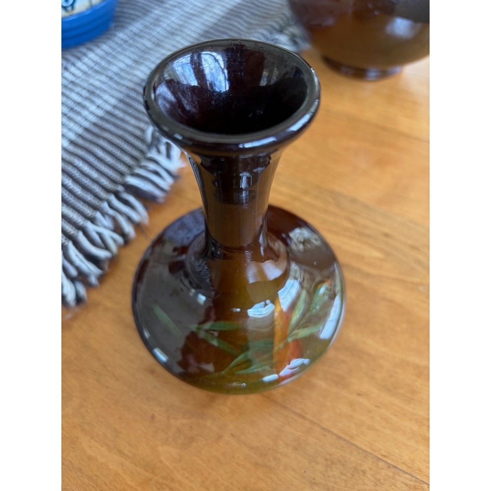 Vintage Brown Glazed Ceramic Bud Vase Hand Painted Green Leaf Detail Flared Rim